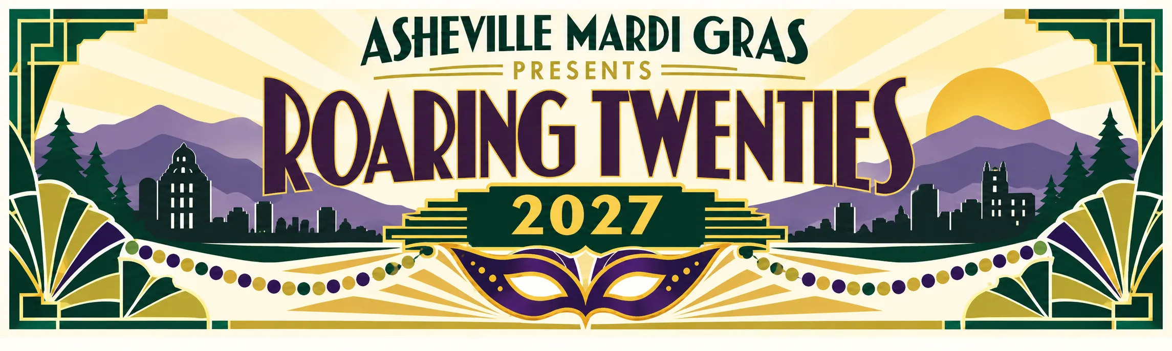 Asheville Mardi Gras presents Roaring Twenties 2027, with mountain scenery, an Art Deco border, beads, and a Mardi Gras mask.